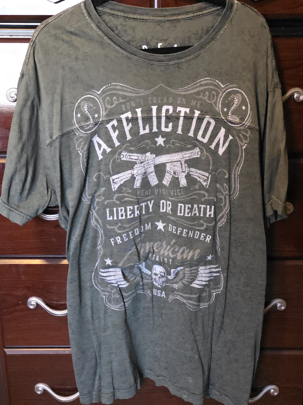 2 Sided Affliction Liberty or Death Graphic Tee - Olive Green sz 3xl